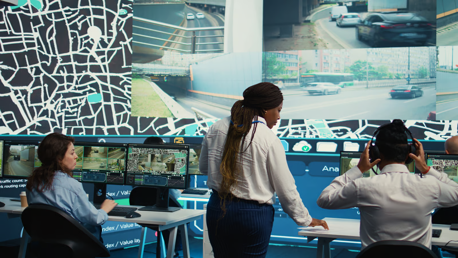 Verkehrsleitstelle und Logistikzentrum mit Monitoren — Einsatzplanung und Koordination
